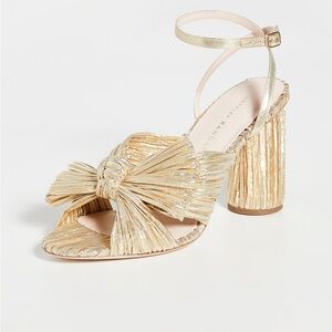Loeffler Randall “Camellia” Gold Pleated Bow Heel with Ankle Strap